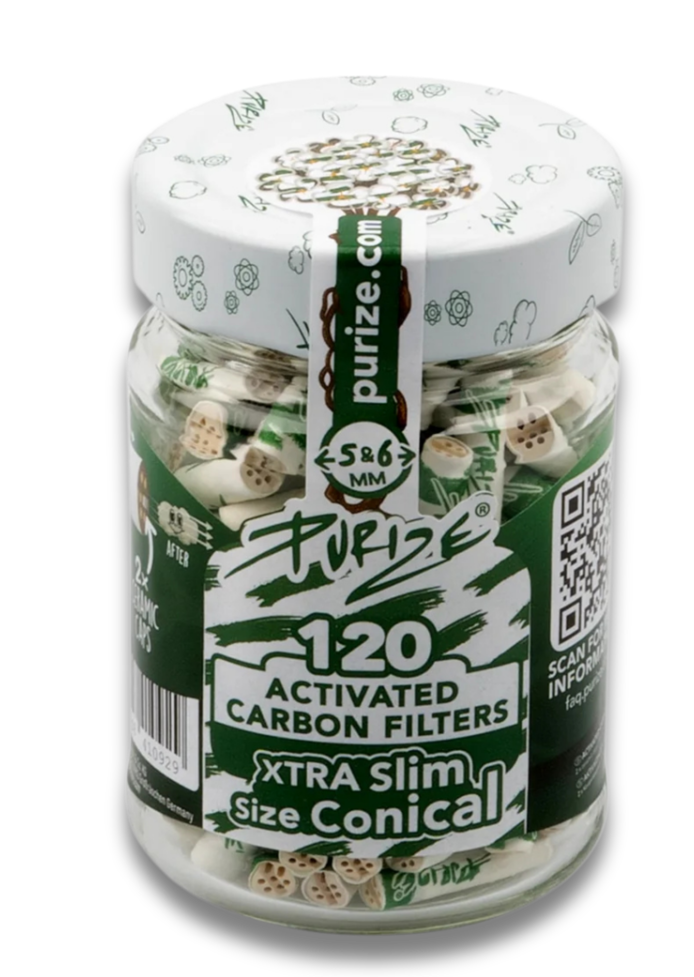 PURIZE® Aktivkohlefilter - konisch XTRA Slim Size, Dose 120 Stk., weiß