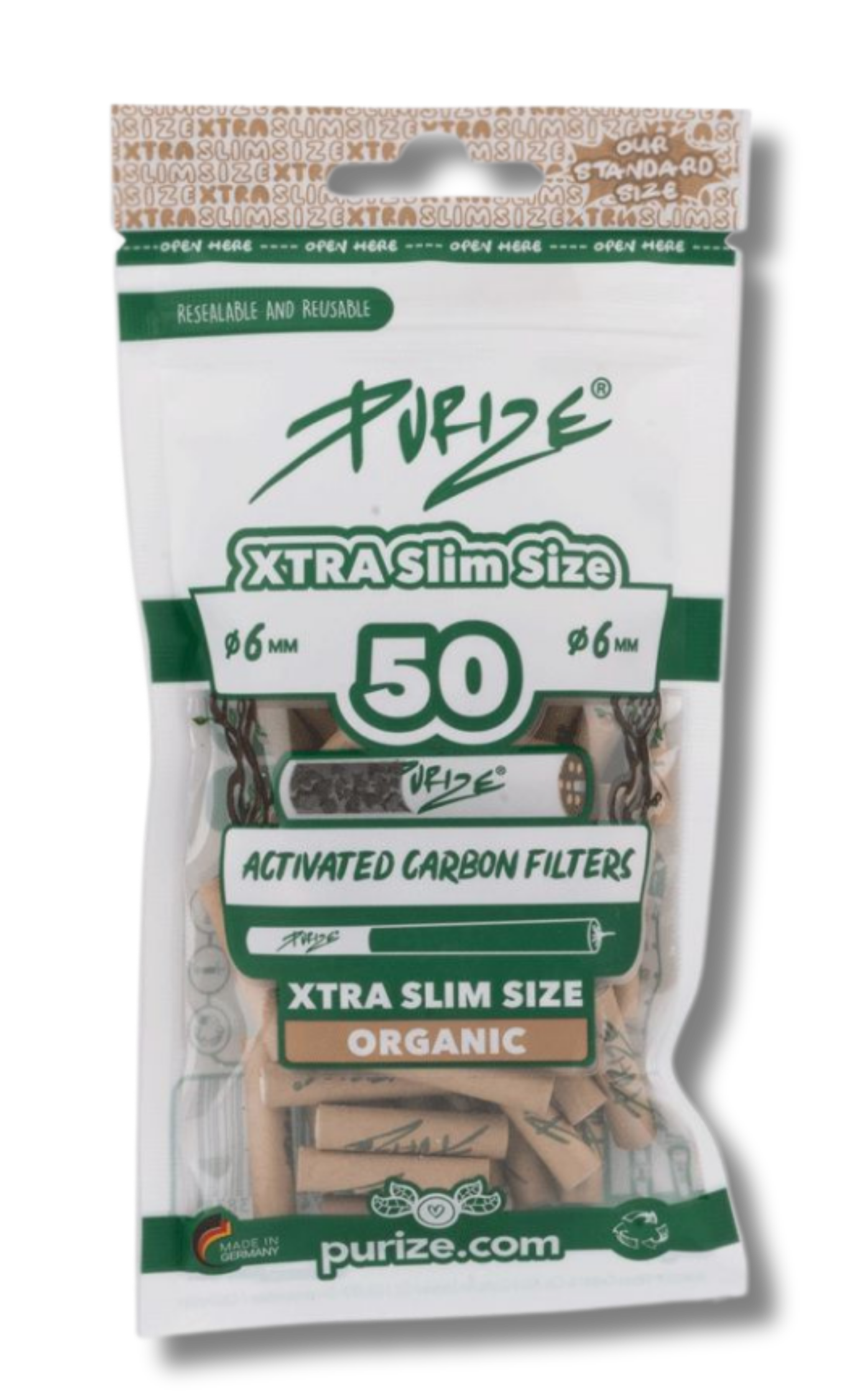 Purize XTRA Slim 6mm Aktivkohlefilter Organic, PE Vorratsbeutel 50 Stk.